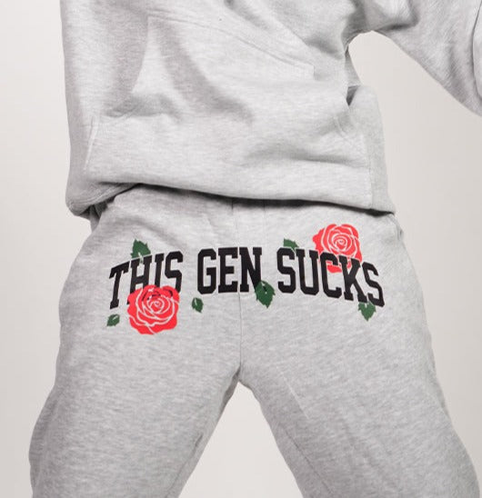 sweatpants, roses, duke gomez