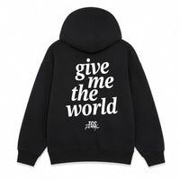 Black pullover hoodie shown from the front and back on a white background. The front has a small white chest print reading 'give me the world' with a small logo below.