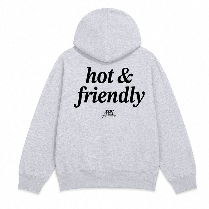 A light heather gray pullover hoodie shown from both the front and back. The front features a small black 'hot & friendly' logo on the left chest, and the back features a larger matching black logo print.